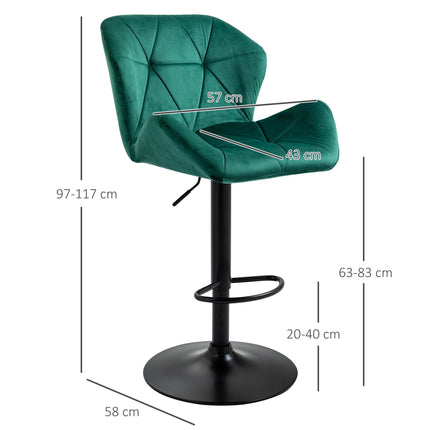 Set of 2 Adjustable Height Velvet Bar Stools with Winged Seat - Green