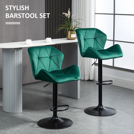 Set of 2 Adjustable Height Velvet Bar Stools with Winged Seat - Green