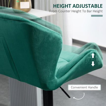 Set of 2 Adjustable Height Velvet Bar Stools with Winged Seat - Green