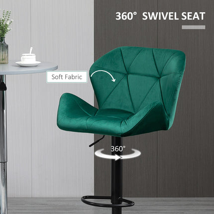 Set of 2 Adjustable Height Velvet Bar Stools with Winged Seat - Green
