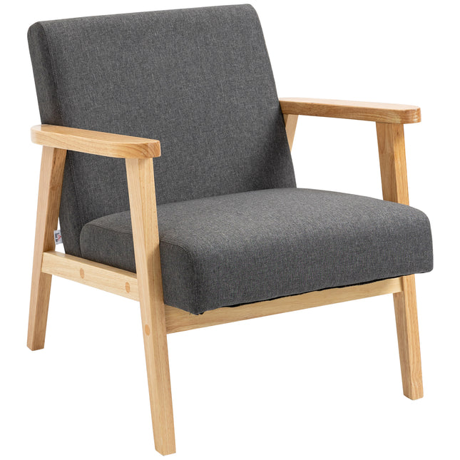 Retro Fabric Accent Chair with Padded Cushion and Rubber Wood Frame - Dark Grey