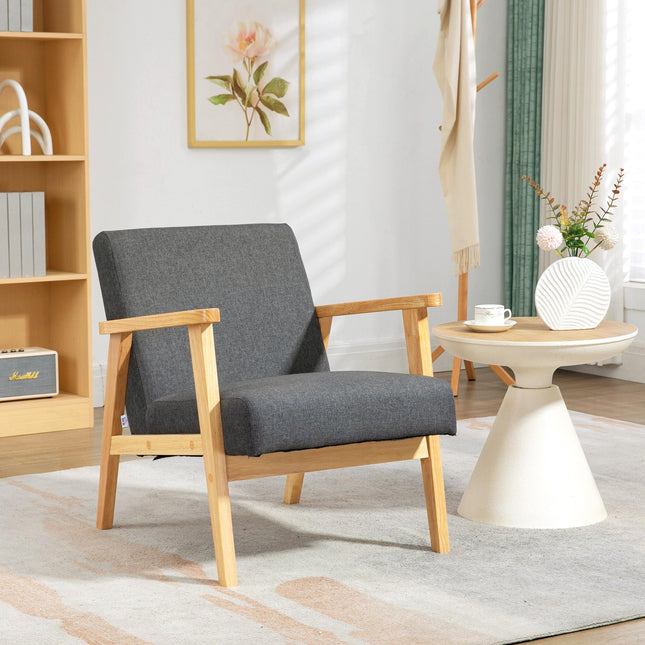 Retro Fabric Accent Chair with Padded Cushion and Rubber Wood Frame - Dark Grey