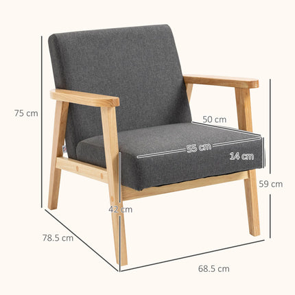 Retro Fabric Accent Chair with Padded Cushion and Rubber Wood Frame - Dark Grey