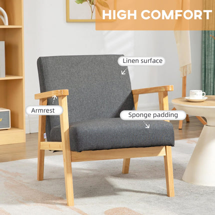 Retro Fabric Accent Chair with Padded Cushion and Rubber Wood Frame - Dark Grey