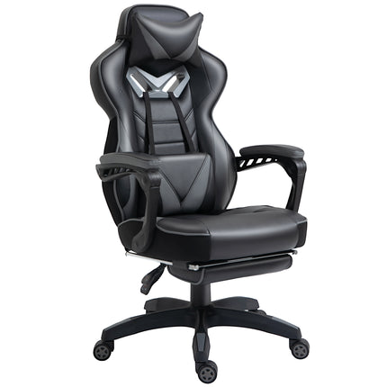 Ergonomic Racing Gaming Chair with Adjustable Height, Recliner, Wheels, Lumbar Support & Retractable Footrest - Grey