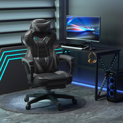 Ergonomic Racing Gaming Chair with Adjustable Height, Recliner, Wheels, Lumbar Support & Retractable Footrest - Grey