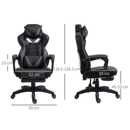 Ergonomic Racing Gaming Chair with Adjustable Height, Recliner, Wheels, Lumbar Support & Retractable Footrest - Grey