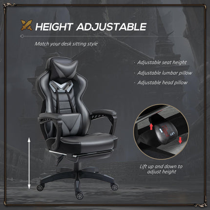 Ergonomic Racing Gaming Chair with Adjustable Height, Recliner, Wheels, Lumbar Support & Retractable Footrest - Grey