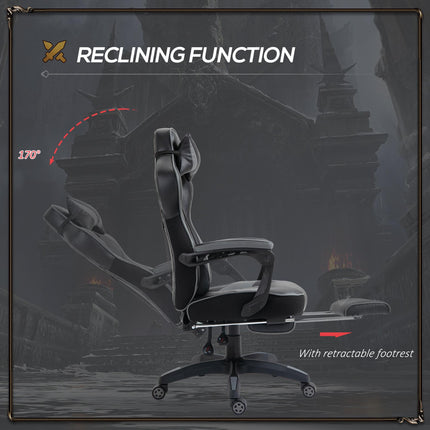 Ergonomic Racing Gaming Chair with Adjustable Height, Recliner, Wheels, Lumbar Support & Retractable Footrest - Grey