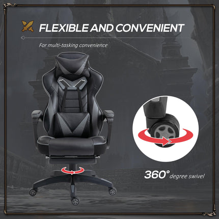 Ergonomic Racing Gaming Chair with Adjustable Height, Recliner, Wheels, Lumbar Support & Retractable Footrest - Grey