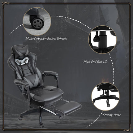 Ergonomic Racing Gaming Chair with Adjustable Height, Recliner, Wheels, Lumbar Support & Retractable Footrest - Grey