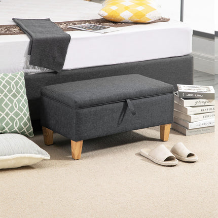 Linen Storage Ottoman Padded Footstool with Rubberwood Legs - Dark Grey