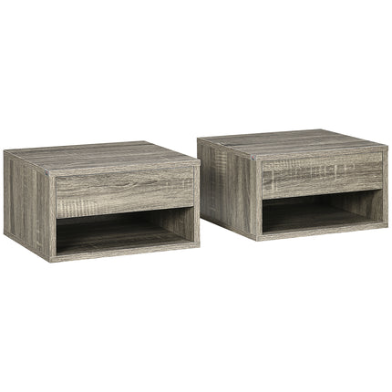 Set of 2 Wall Mounted Bedside Tables with Drawer and Shelf - Brown Wood-Effect