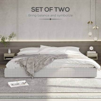 Set of 2 Wall Mounted Bedside Tables with Drawer and Shelf - Brown Wood-Effect