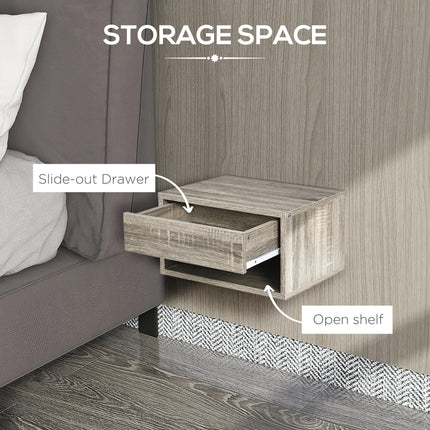 Set of 2 Wall Mounted Bedside Tables with Drawer and Shelf - Brown Wood-Effect