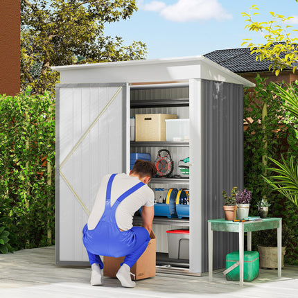 5x3 Metal Garden Lean-To Shed with Adjustable Shelves and Lock - Grey