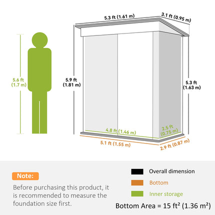 5x3 Metal Garden Lean-To Shed with Adjustable Shelves and Lock - Grey