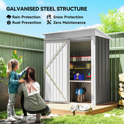 5x3 Metal Garden Lean-To Shed with Adjustable Shelves and Lock - Grey