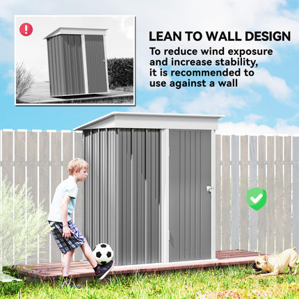 5x3 Metal Garden Lean-To Shed with Adjustable Shelves and Lock - Grey
