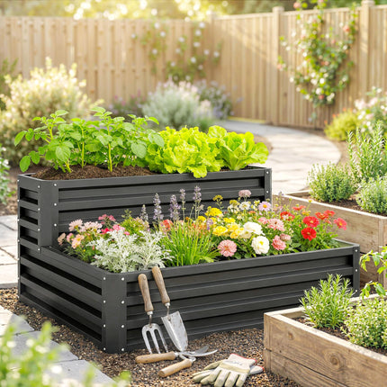 2 Tier Raised Garden Bed Planter Box Galvanised Steel - Dark Grey