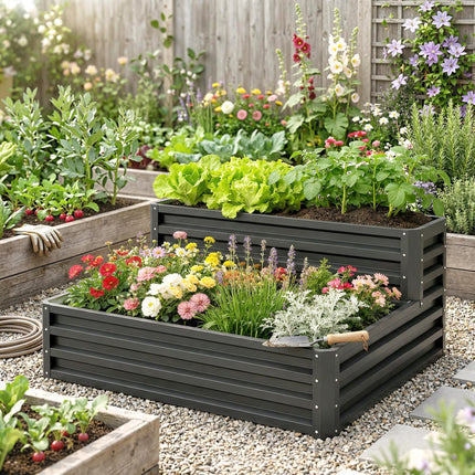 2 Tier Raised Garden Bed Planter Box Galvanised Steel - Dark Grey