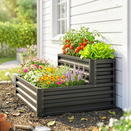 2 Tier Raised Garden Bed Planter Box Galvanised Steel - Dark Grey