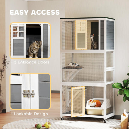 Wooden Catio Cat Outdoor Enclosure, Cat Cage with Waterproof Roof, Platforms, for Multiple Cats, White