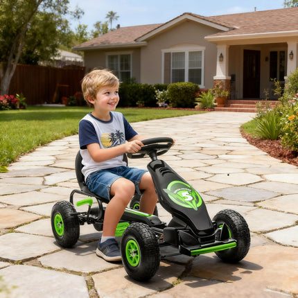 Children's Pedal Go Kart with Adjustable Seat, Inflatable Tyres, Handbrake, Ages 5-12 - Green