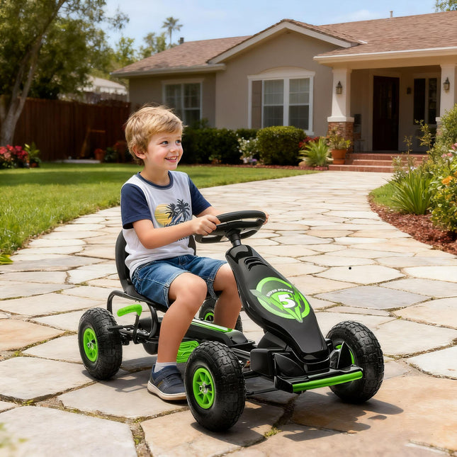 Children's Pedal Go Kart with Adjustable Seat, Inflatable Tyres, Handbrake, Ages 5-12 - Green