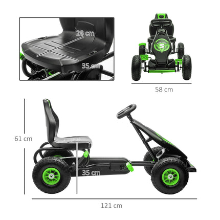 Children's Pedal Go Kart with Adjustable Seat, Inflatable Tyres, Handbrake, Ages 5-12 - Green