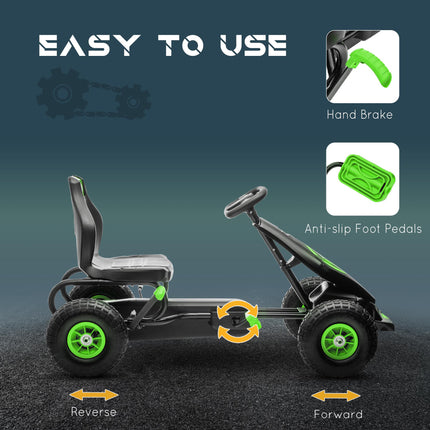 Children's Pedal Go Kart with Adjustable Seat, Inflatable Tyres, Handbrake, Ages 5-12 - Green