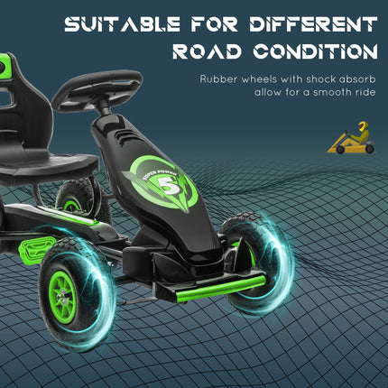 Children's Pedal Go Kart with Adjustable Seat, Inflatable Tyres, Handbrake, Ages 5-12 - Green