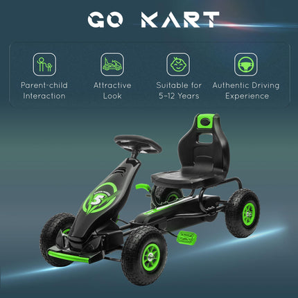 Children's Pedal Go Kart with Adjustable Seat, Inflatable Tyres, Handbrake, Ages 5-12 - Green