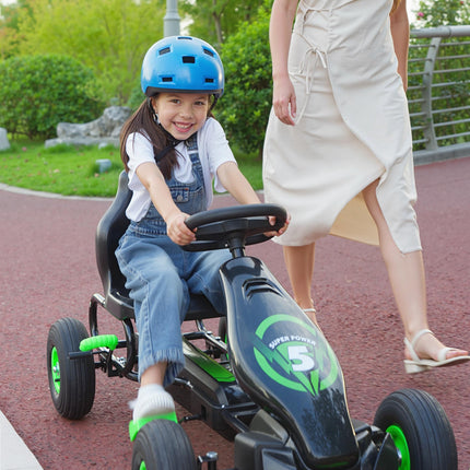 Children's Pedal Go Kart with Adjustable Seat, Inflatable Tyres, Handbrake, Ages 5-12 - Green