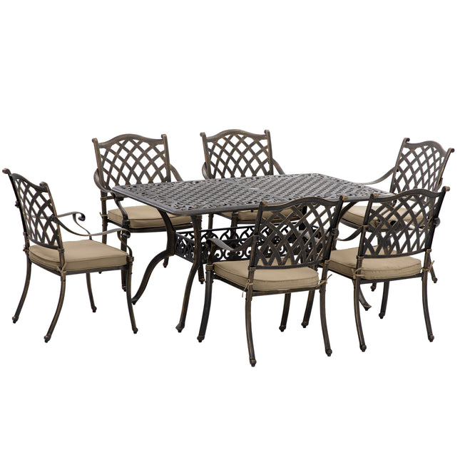 6-Seater Cast Aluminum Patio Dining Set with Cushioned Chairs & Umbrella Hole - Bronze