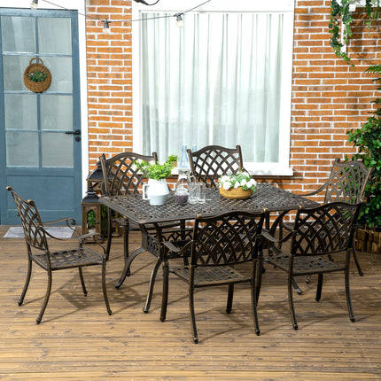 6-Seater Cast Aluminum Patio Dining Set with Cushioned Chairs & Umbrella Hole - Bronze