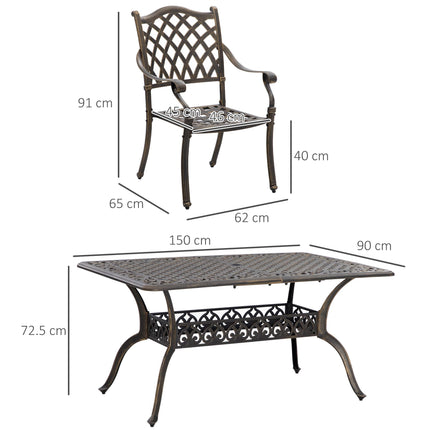 6-Seater Cast Aluminum Patio Dining Set with Cushioned Chairs & Umbrella Hole - Bronze