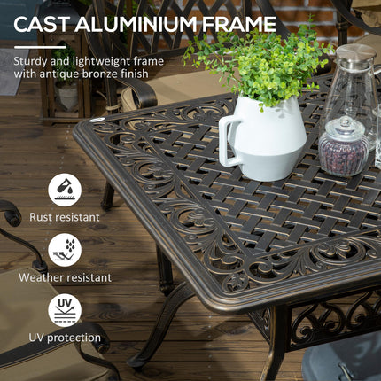 6-Seater Cast Aluminum Patio Dining Set with Cushioned Chairs & Umbrella Hole - Bronze