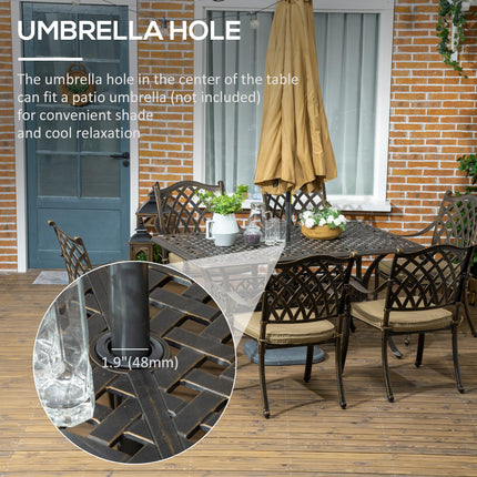 6-Seater Cast Aluminum Patio Dining Set with Cushioned Chairs & Umbrella Hole - Bronze