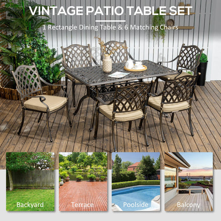 6-Seater Cast Aluminum Patio Dining Set with Cushioned Chairs & Umbrella Hole - Bronze