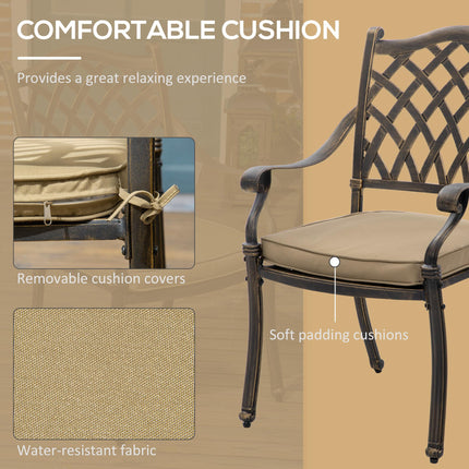 6-Seater Cast Aluminum Patio Dining Set with Cushioned Chairs & Umbrella Hole - Bronze
