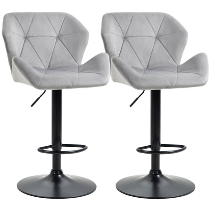 Set of 2 Adjustable Velvet Bar Stools with Metal Frame - Grey