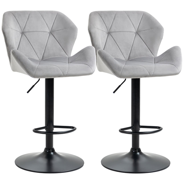 Set of 2 Adjustable Velvet Bar Stools with Metal Frame - Grey