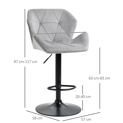 Set of 2 Adjustable Velvet Bar Stools with Metal Frame - Grey