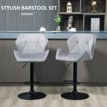 Set of 2 Adjustable Velvet Bar Stools with Metal Frame - Grey