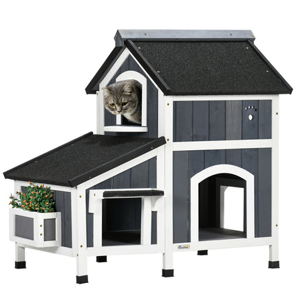 Wooden 2-Tier Outdoor Cat House with Window, Multiple Entrances & Flower Pot - Grey