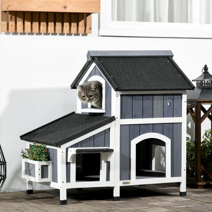 Wooden 2-Tier Outdoor Cat House with Window, Multiple Entrances & Flower Pot - Grey