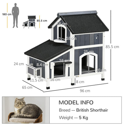 Wooden 2-Tier Outdoor Cat House with Window, Multiple Entrances & Flower Pot - Grey