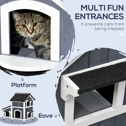 Wooden 2-Tier Outdoor Cat House with Window, Multiple Entrances & Flower Pot - Grey