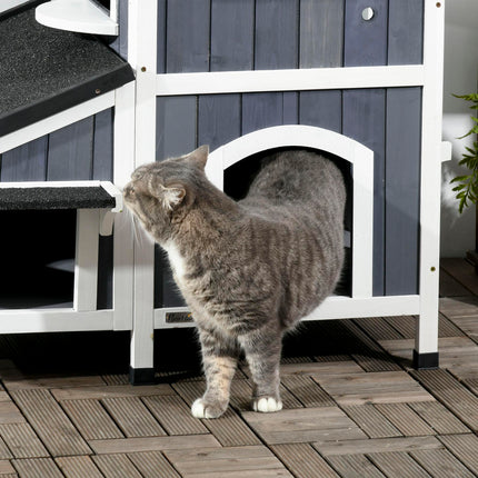 Wooden 2-Tier Outdoor Cat House with Window, Multiple Entrances & Flower Pot - Grey